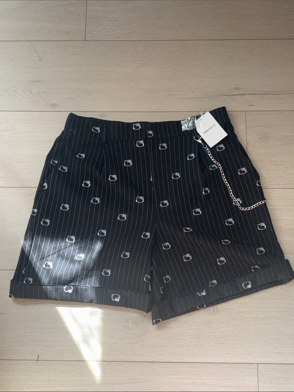 Forever 21 Black Pinstripe Embroidered Chain-Trim Shorts